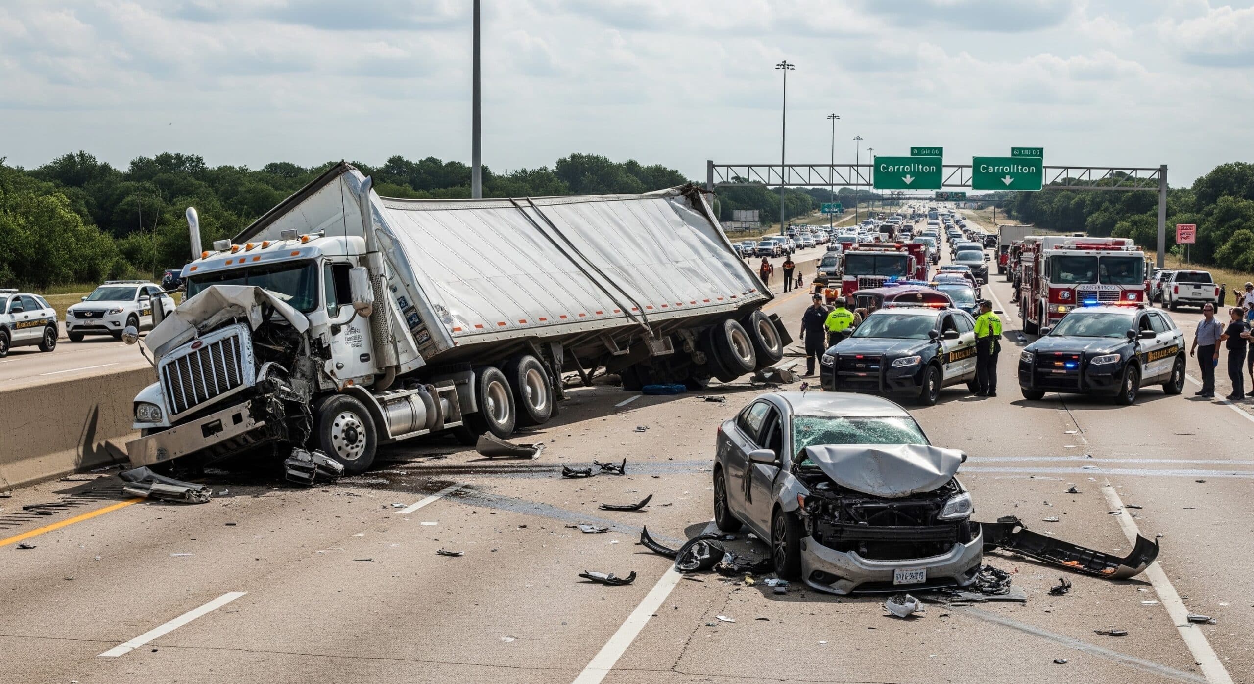 Truck accident scene in Carrollton TX, with a damaged semi truck and car